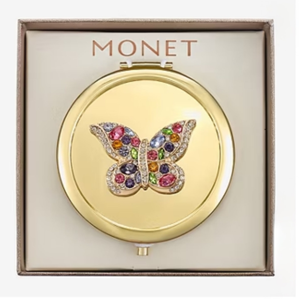 🆕 MONET Butterfly Gemstone Embellished Gold Compact Mirror